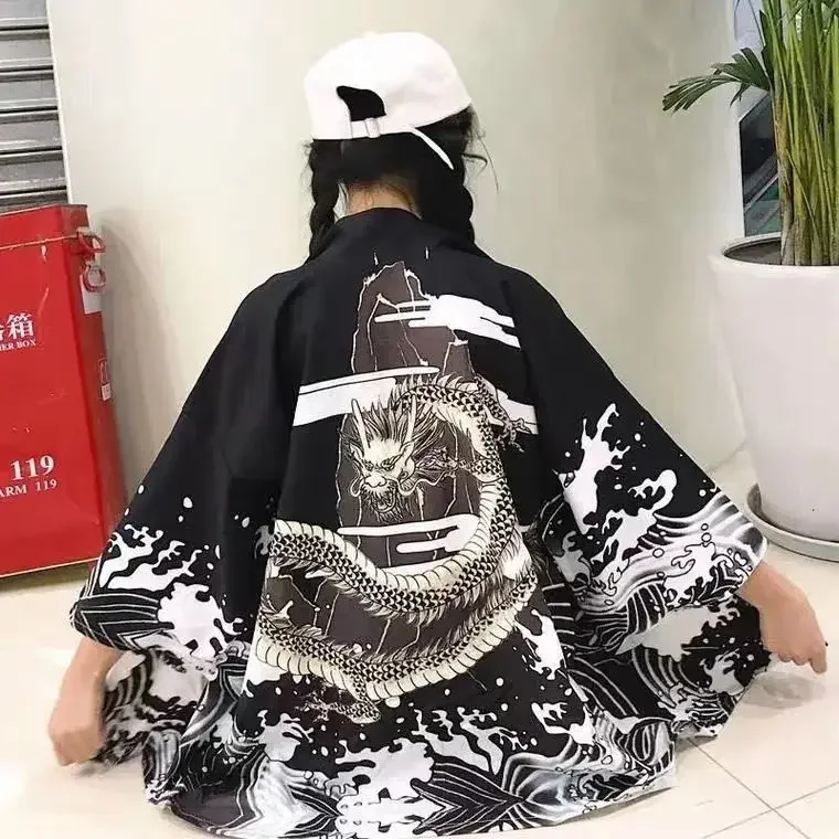 Jaket Kimono pria Jepang, kardigan Samurai Yukata Haori, pakaian Kimono, kostum Cosplay Kimono pria, kemeja blus pakaian jalanan