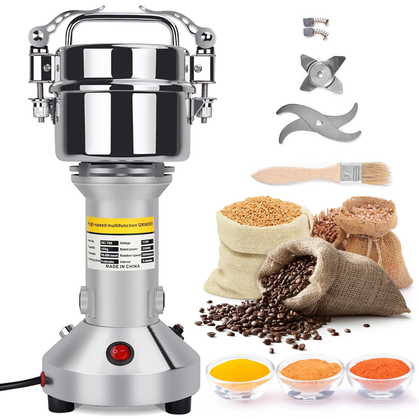 Broyeur de céréales électrique 850W 28000 tr/min broyeur de céréales à grande vitesse machine de poudre professionnelle broyeur chronométré à 3 lames machine de cuisine