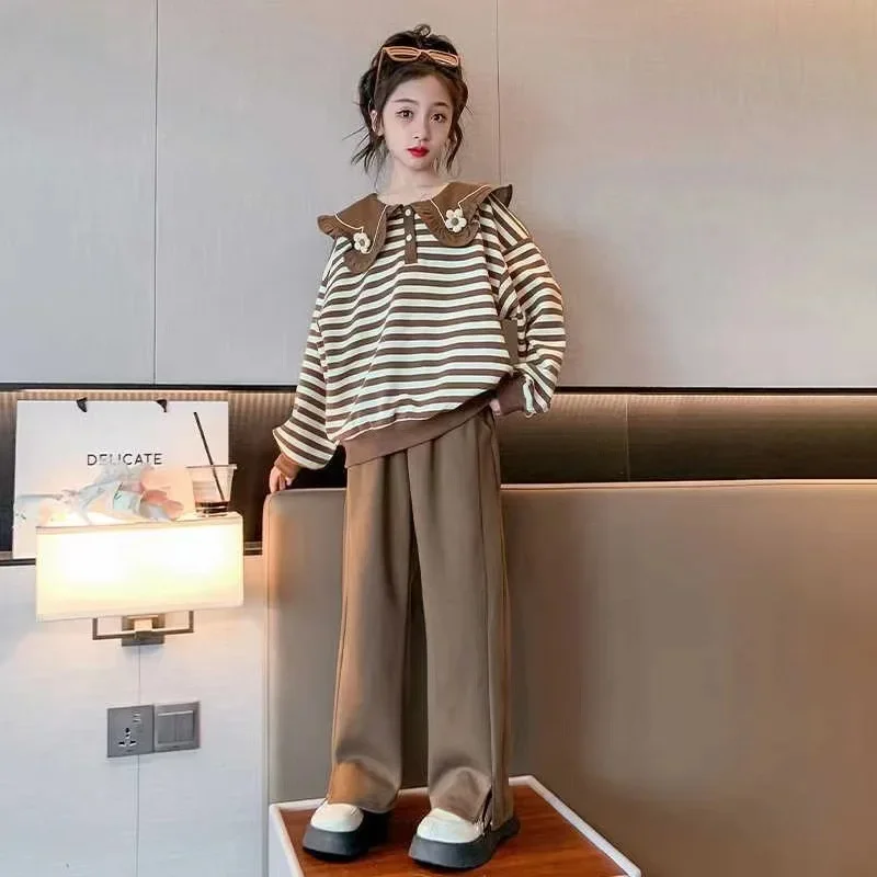 

2024 Korea Style Casual Kids Clothes Girl 2Pcs Set Clothing Long Sleeve Striped Top Pant Outfits for Teen Girl 6 8 10 12 14Y