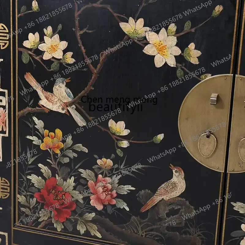 ss8350 Solid wood shoe cabinet gold-painted furniture painted decoration new Chinese dining side classical hand-painted cabinet