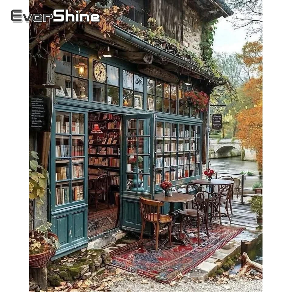Evershine Diamantmalerei, Buchhandlung, Landschaft, DIY, Bild von Strasssteinen, Diamantmosaik, Shop, Handarbeit, handgefertigt, Hobby