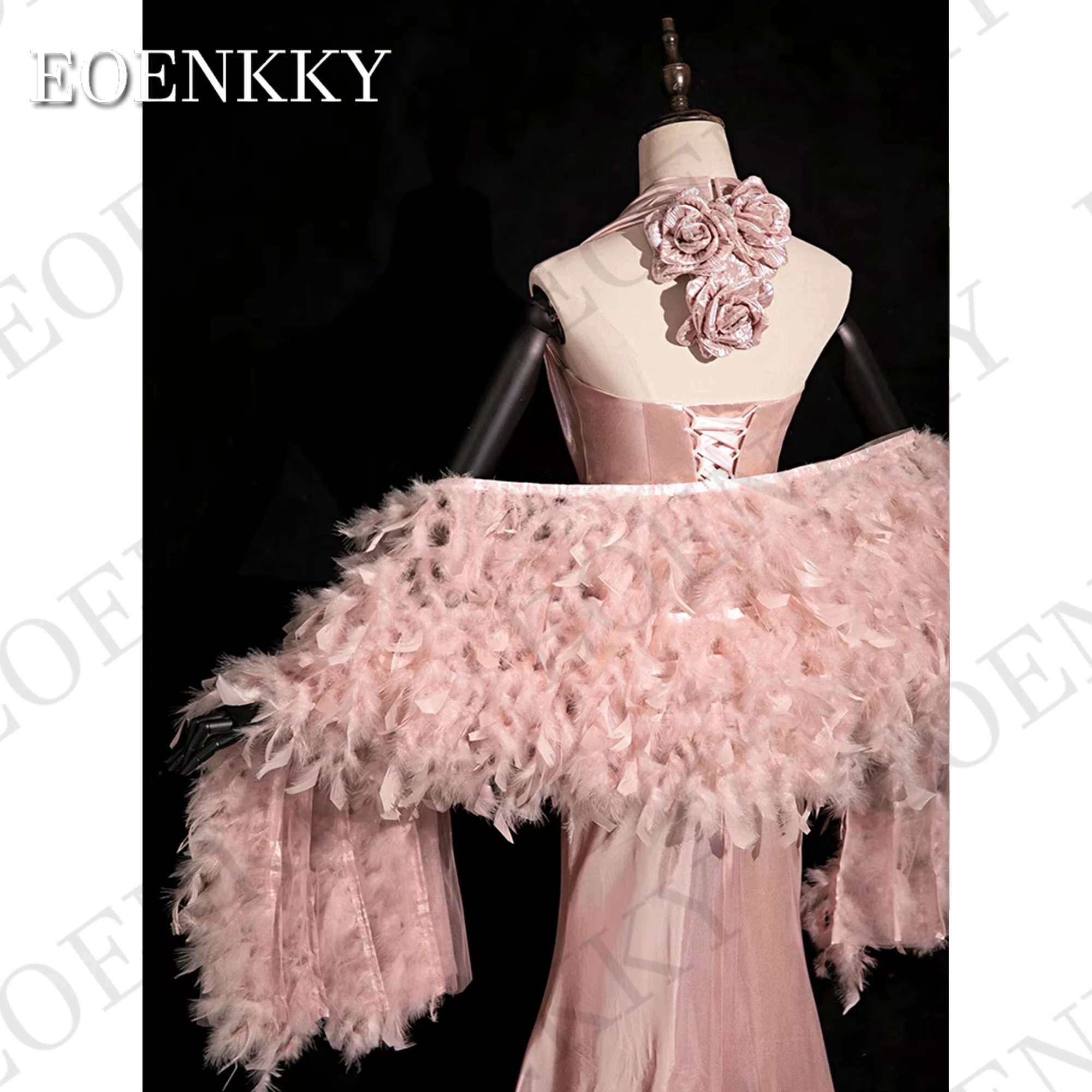 Pink Halter Mermaid Evening Dresses Woman Luxury vestido de noche 3D Flowers Wedding Guest Dress With Feather Shawl Backless