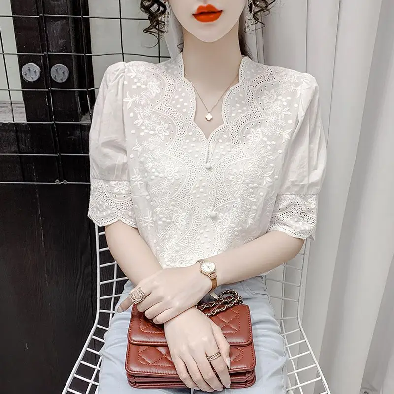 Women White Hollow Lace Embroidery Asymmetrical Blouses Summer Fashion V Neck Short Sleeve Sweet Shirts Casual Chic Tops Female