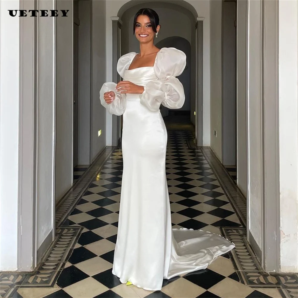 

UETEEY Elegant Square Neck Detachable Puff Long Sleeves Mermaid Wedding Dress Button Satin Open Back Bridal Gown Custom Made