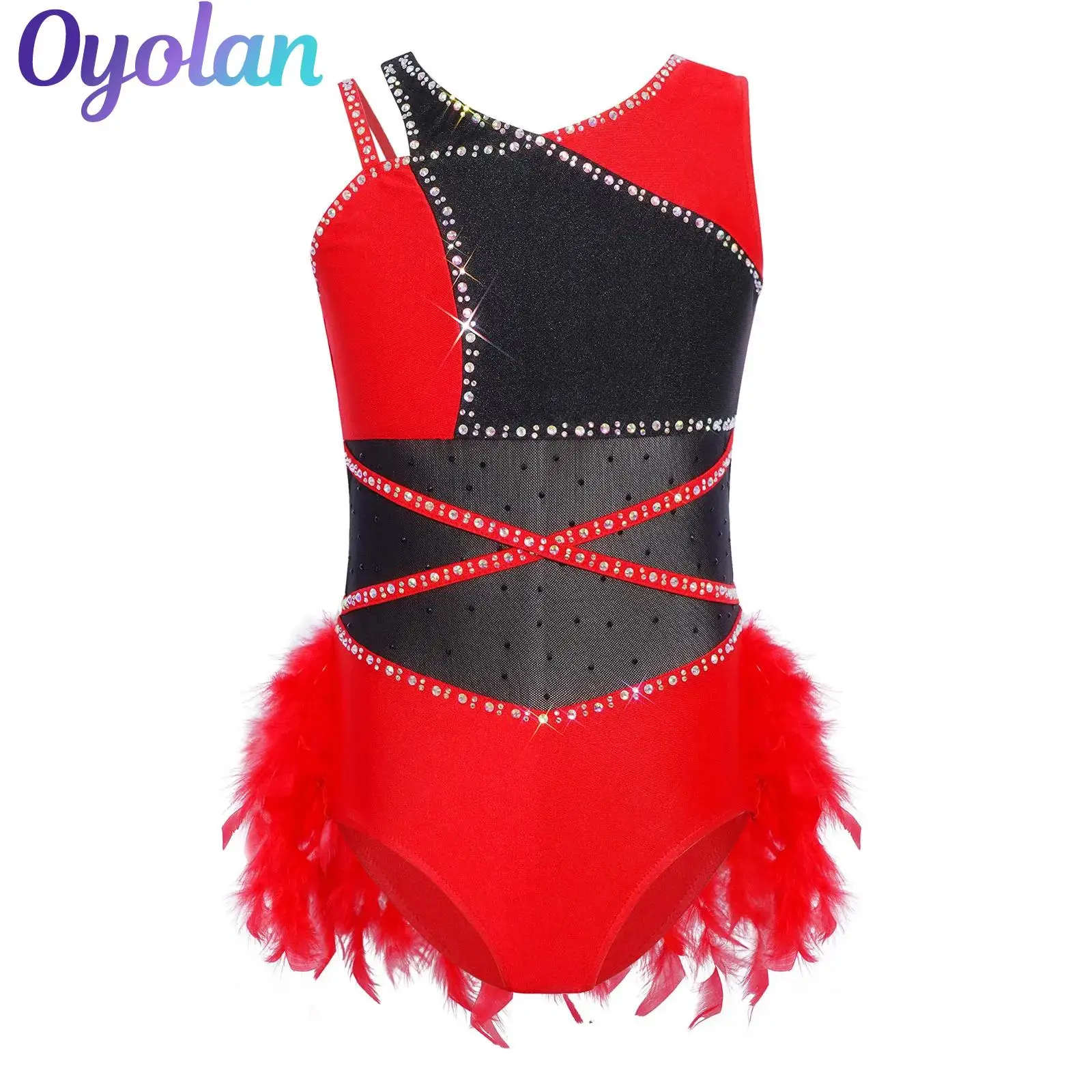 Maillot de Gimnasia Brillante con Pedrería para Niñas, Body de Malla para Ballet, Patinaje Artístico, Danza Latina con Plumas, Disfraz de Leotardo
