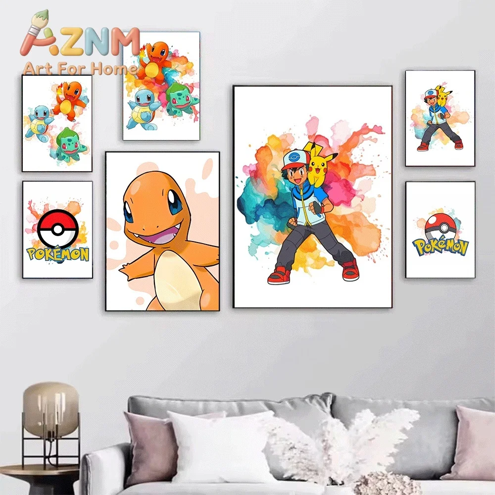 2D Flat Posters & Prints,Squirtle Watercolor Splash Canvas Wall Art,2D Flat Frameless Anime Monster Print,Home Decor for Kids