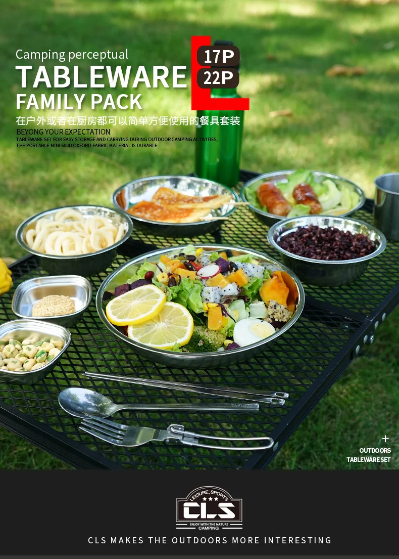 22-teiliges tragbares Camping-Essgeschirr-Set, Outdoor-BBQ-Geschirr, Töpfe, Schüsseln und Teller für Camping und Kochen unterwegs – Detail 1