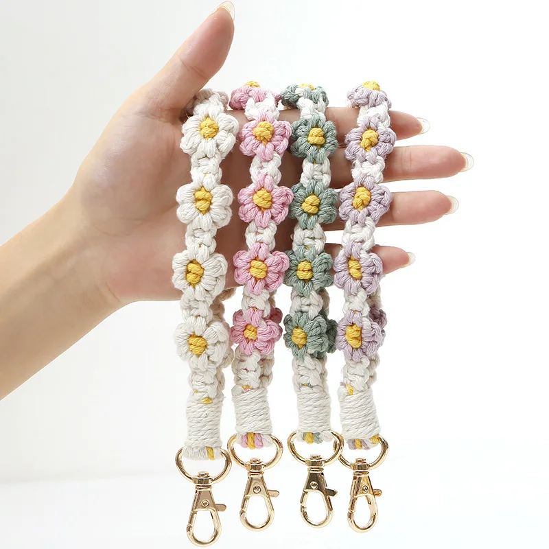 New Daisy Flower Macrame Wristlet Keychains for Women Girls Knitting Key Fob Strap Wrist Lanyard Bracelet Keyring Charm Bag Gift