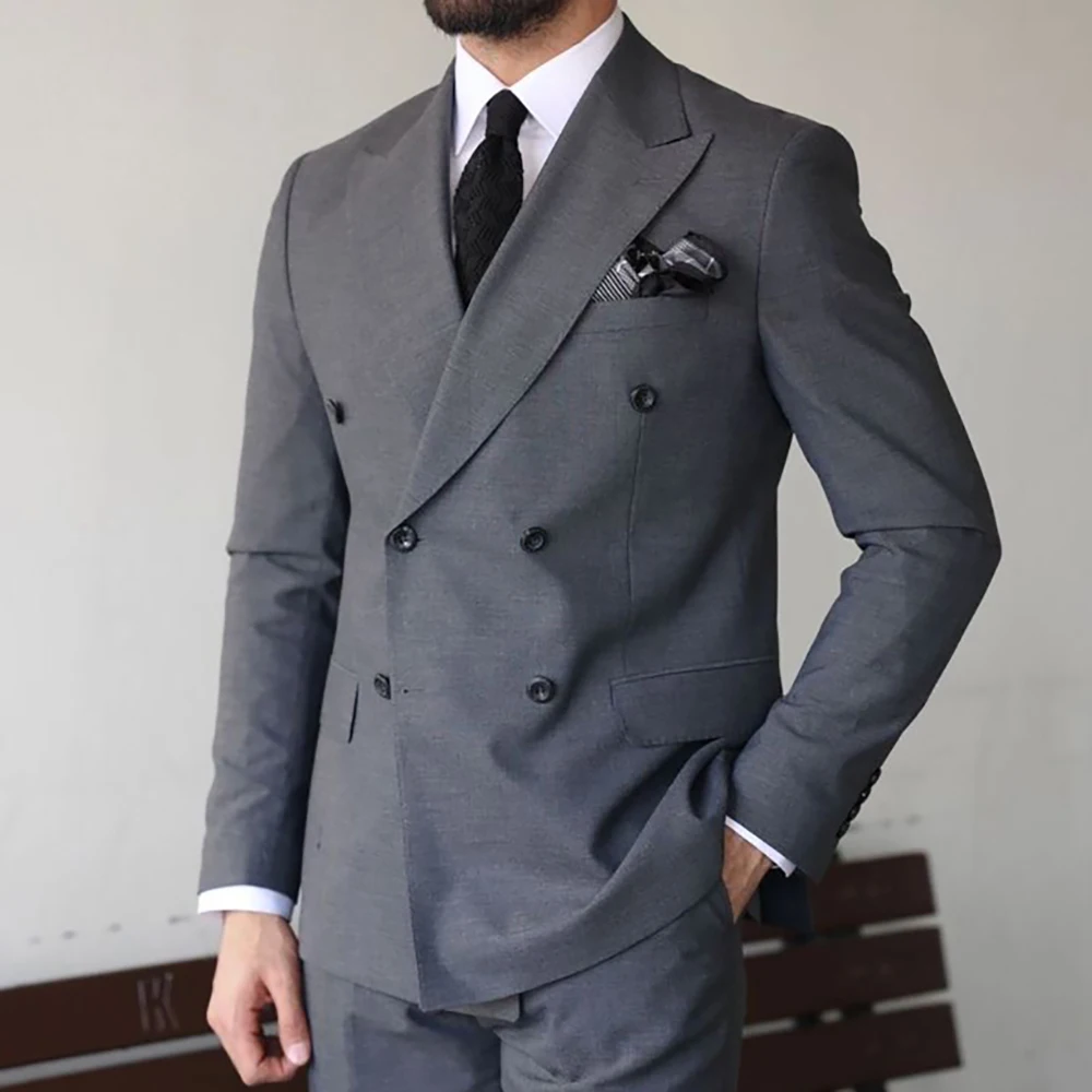 

Элегантные серые мужские костюмы, двубортный деловой Блейзер, Модный облегающий костюм из двух предметов, пиджак и брюки, мужской костюм для свадьбы