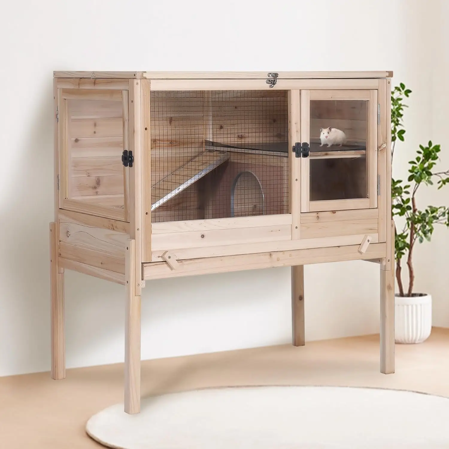 

Guinea Pig Cage with Wooden Stand - Hamster Cage, Small Animal Cage Anti Chew Ramp, Hideout, Platform, Pull Out Tray (Wood, L)