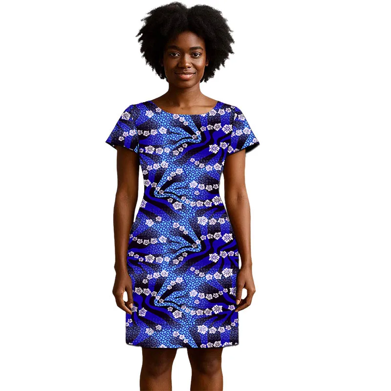 

African Couture Collarless Dress Short Sleeve Women's Frock Ankara Outfit Colorful Print Female Wedding Wear