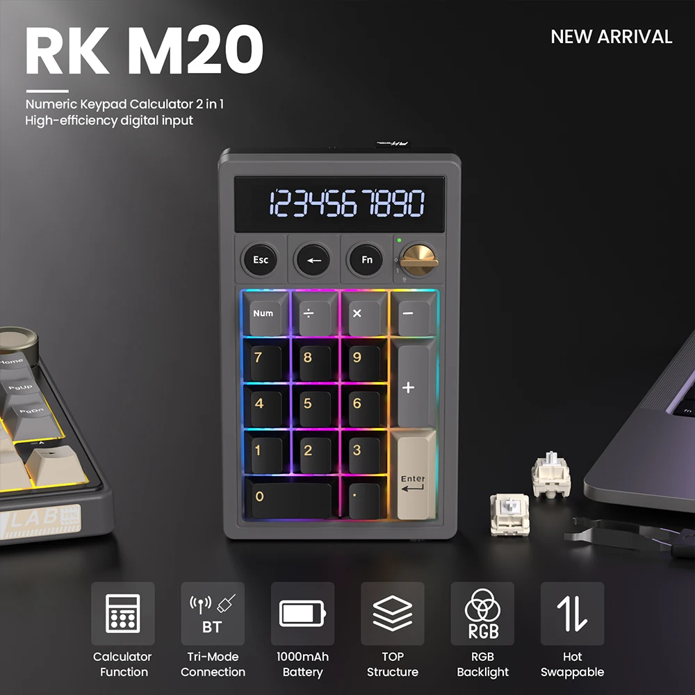 RK ROYAL KLUDGE M20 2.4 Wireless Numeric Keyboard 17 Keys PBT Keycaps RGB Gasket Knob Bluetooth Calculator Keypad Hot-Swappable