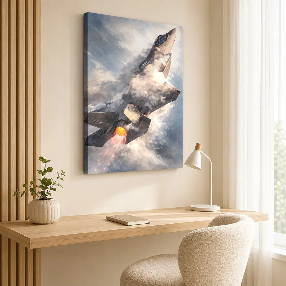 F35 Clouds Aircraft Ascent Gallery Wrapped Canvas Print Customized Photo Natural Color Detail Wall Art For Study Birthday Gift
