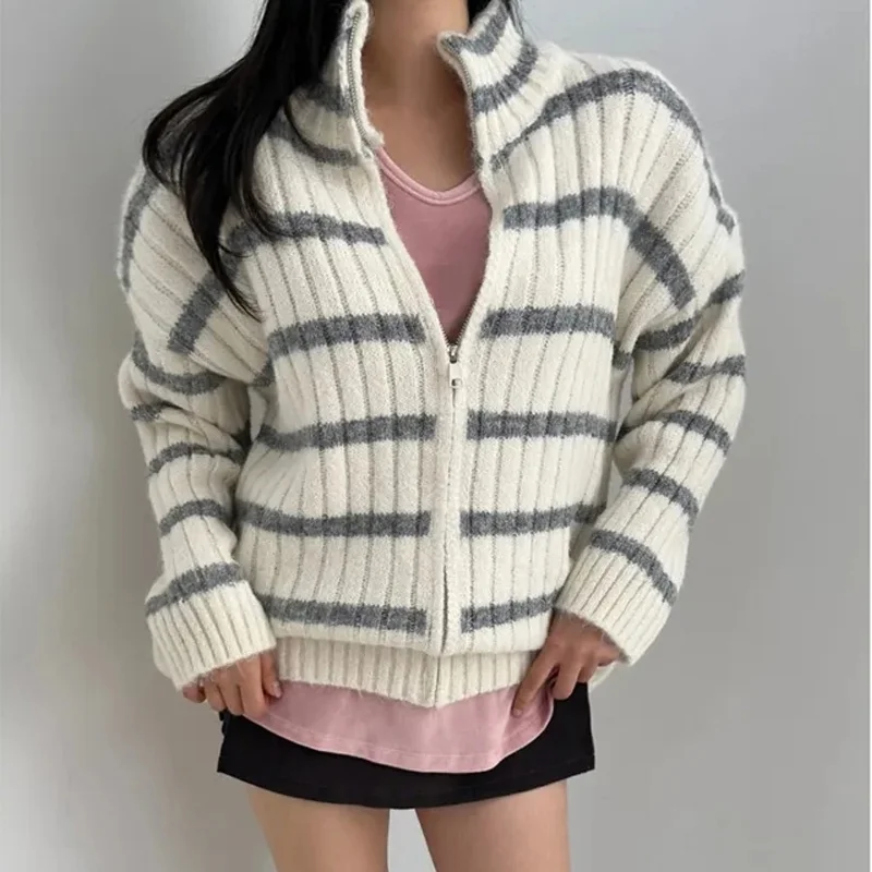 Korean Sle Loose Striped All-Match Stand Collar Zipper Knitted Cardigan Women's Spring New Faion Personali Thi Sweate...
