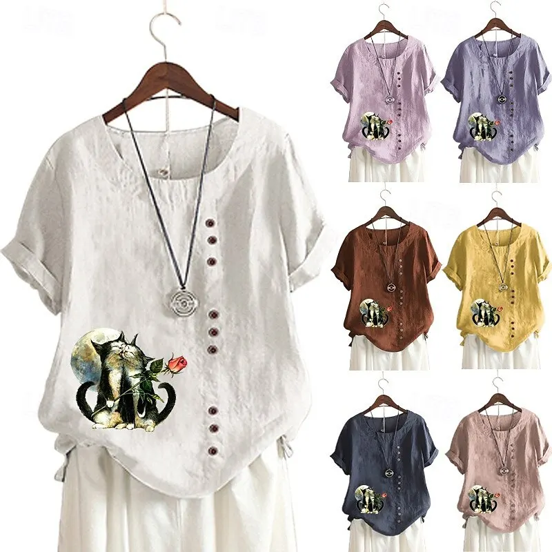 

Summer Women's Cotton Linen T-Shirt Animal Cat Print Casual Round Neck Loose Short Sleeve Comfortable Tops for Ladies