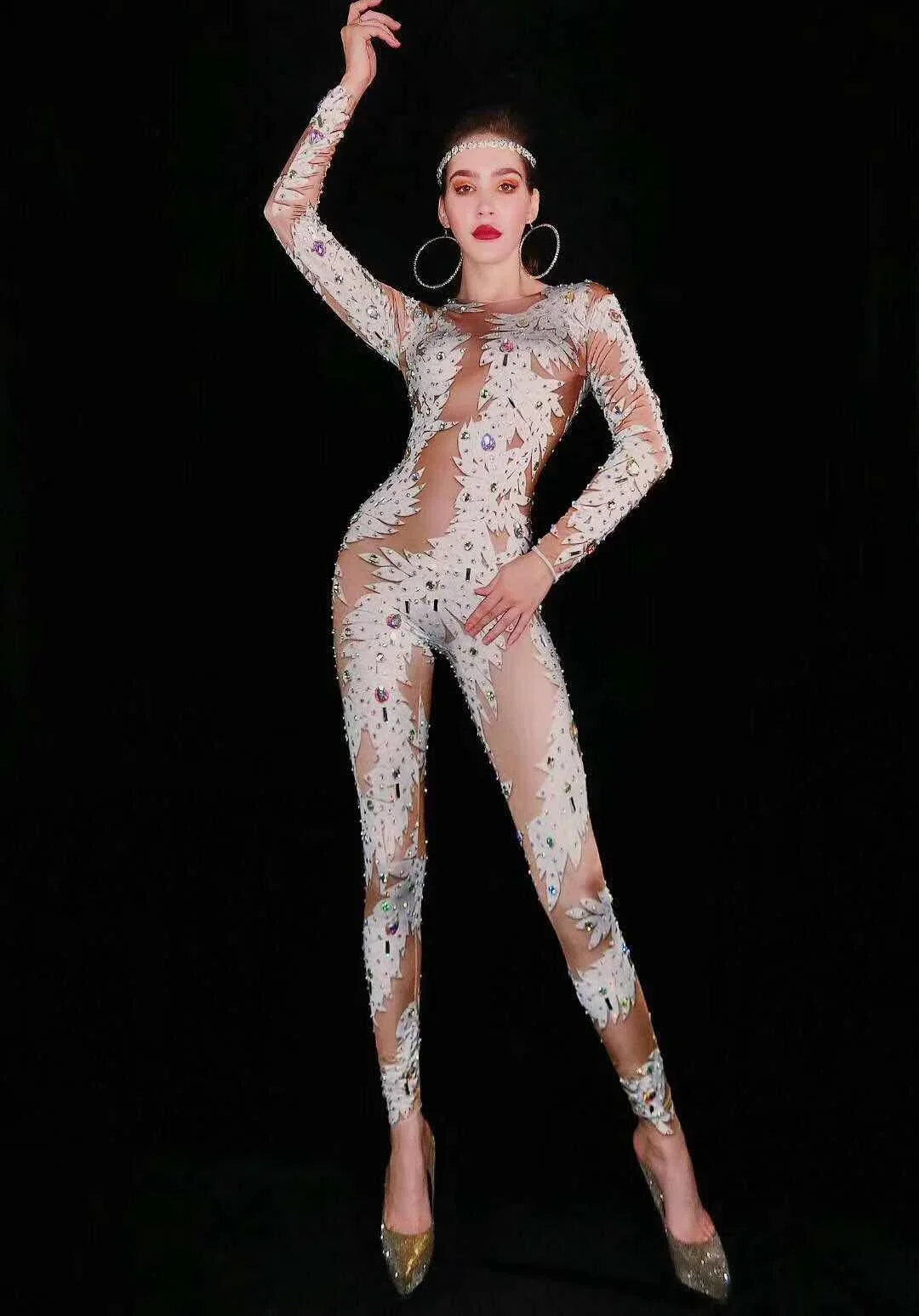 New Fashion Shiny Rhinestones Jumpsuit Leggings Stretch Sexy Costume Women Nightclub Party Wear Dance Bodysuit Fashion Rompers
