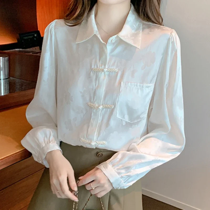 Dropshipping Females Chiffon Blouses for Women Clothing Fashion Elegant Puff Sleeves Tops Long Sleeve Solid Office Lady Spliced