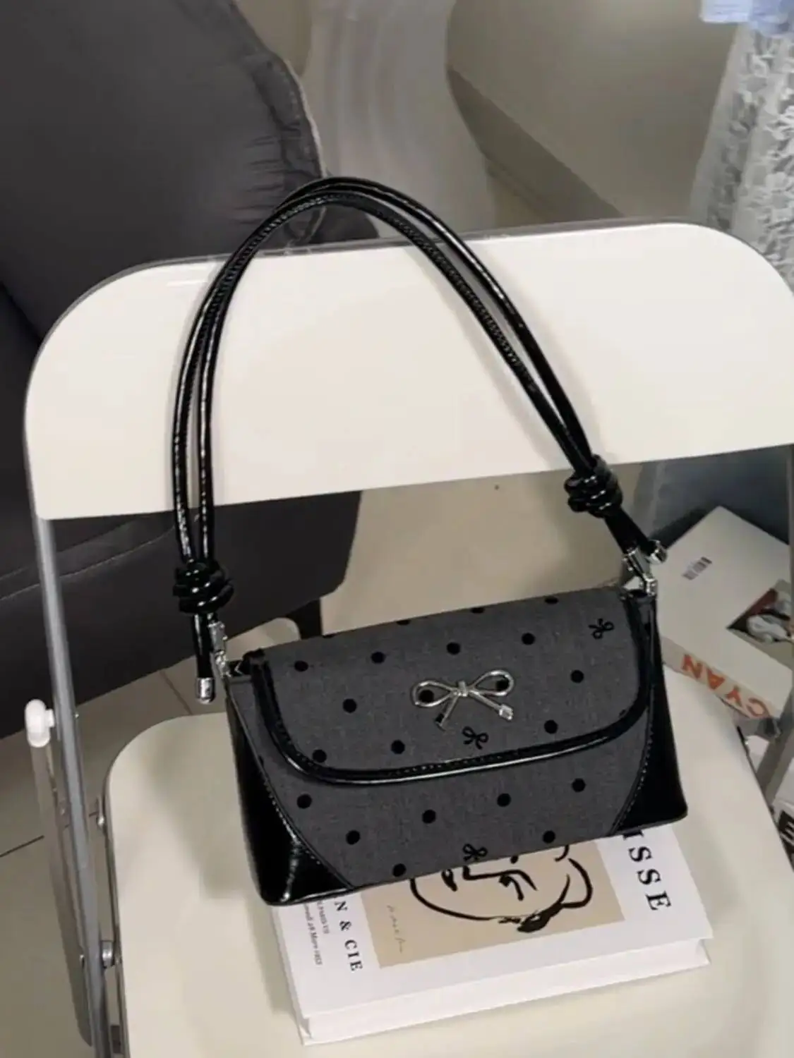 Bloom Sweet Cool Bow Black Underarm Bag Purse Women Fairycore Aesthetic Dot Y2k Shoulder Bags Ladies Haruku Square Handbag