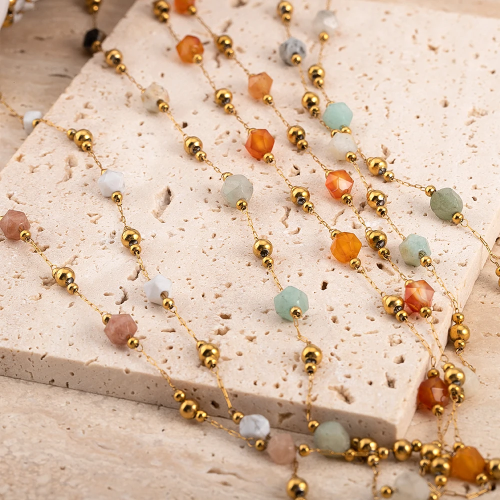 Łańcuszek ze stali nierdzewnej o długości 0,5 metra i 1 metra z nieregularnymi koralikami z kamienia do samodzielnego tworzenia naszyjników w stylu boho, ręcznie robionych bransoletek i materiałów do wyrobu biżuterii.