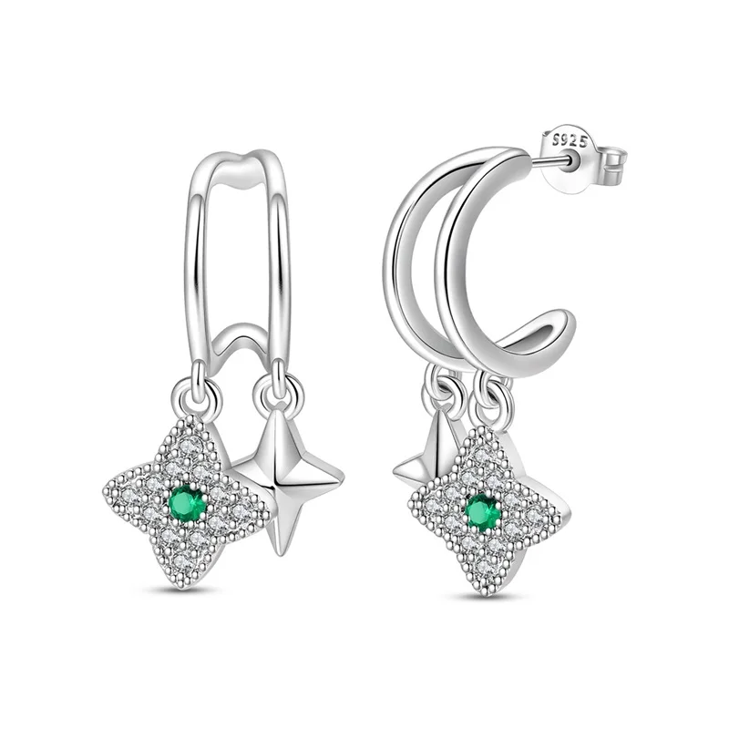 

New 925 Sterling Silver Shining Zircon Four-leaf Star Studs Earrings Fashion Trend Simple Design Earring For Woman Lucky Jewelry
