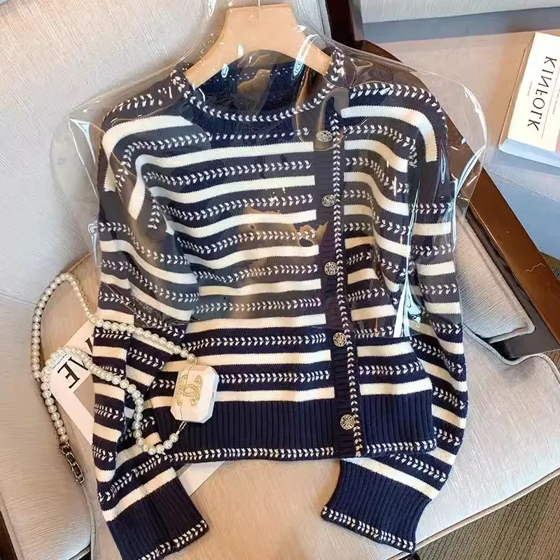 محبوك المرأة سترة البلوزات مخطط لاعبا واحدة الصدر طويلة الأكمام الياقة المستديرة فضفاضة تناسب عادية 2025 الخريف الشتاء