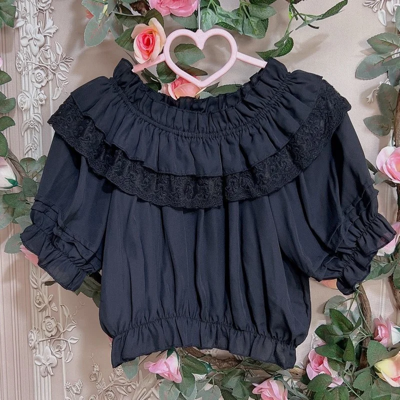 Sweet Lolita Blouses Women Cute Lace Ruffles Undershirt Short Sleeve Off Shoulder Girls Shirt Chiffon Crop Top Chic Loli Clothes