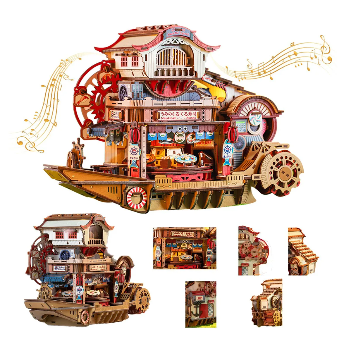 DIY Wooden Model Kit Music Box 3D Mechanical Puzzle with LED Light Miniature House Japanese Style Craft Gift Home Decor