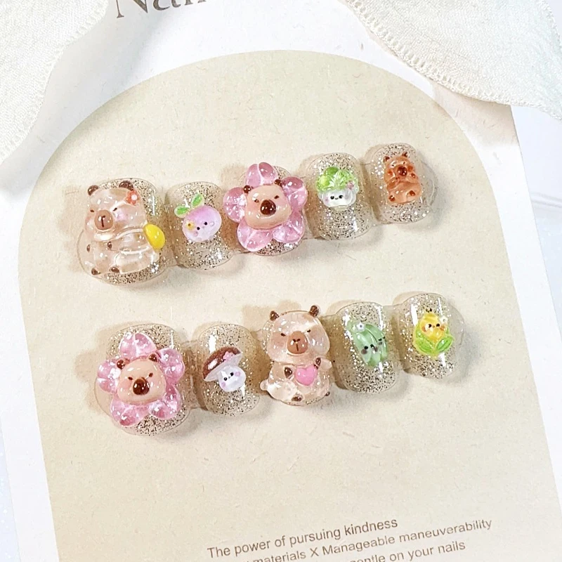 10Pcs Girls Cute Cartoon Nail Patch with Flowers Cabbage Nail Stickers Mushrooms Vegetables Fake Nails Press on Nails Fake Nails