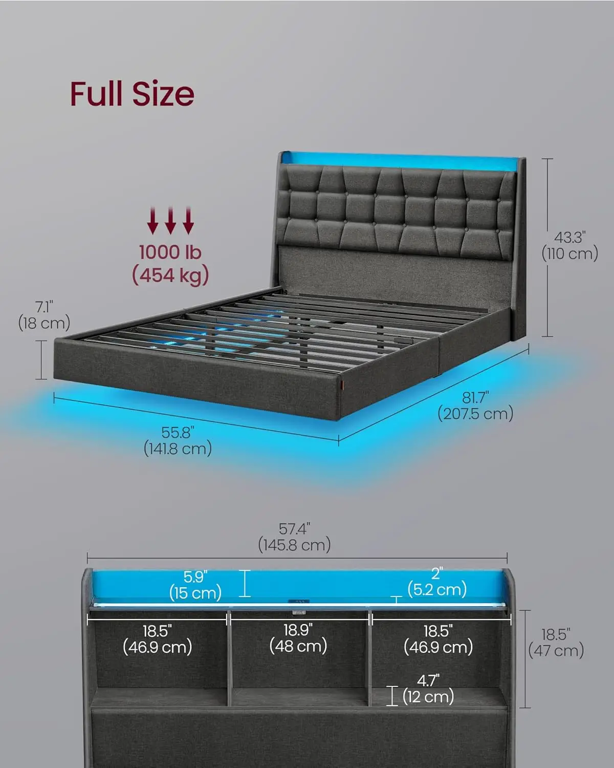 Vasagle Full Size Floating Bed Frame With Led Lights, Full Bed Frame With Charging Station, Tufted Storage Headboard,