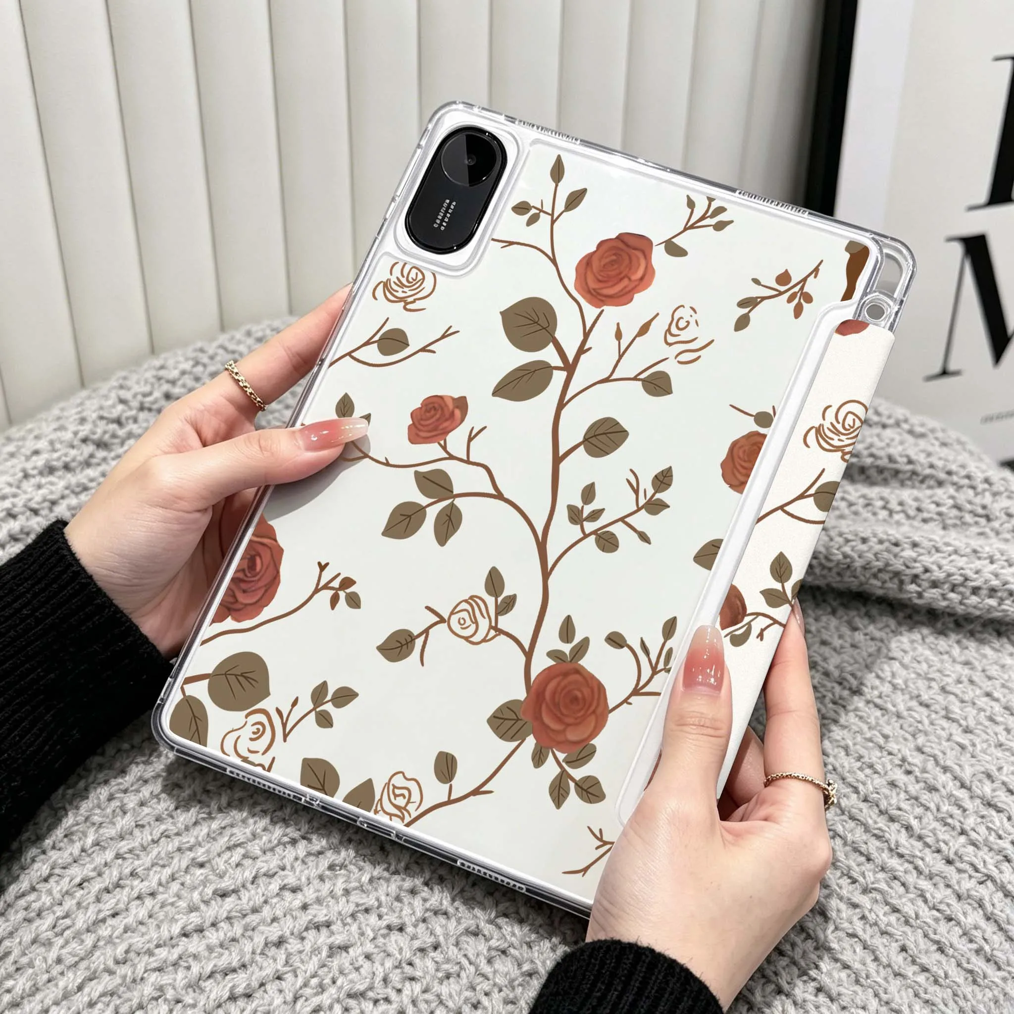 Rose Pattern Design For Xiaomi Redmi Poco Pad 5 6 7 8 Pro SE 11 11.2 12.1 Inch Transparent Y-Shaped Folding Tablet Case