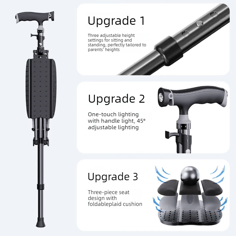 Folding Cane Seat with LED Light, Adjustable Height Walking Stick Chair for Elderly Outdoor Travel and Rest