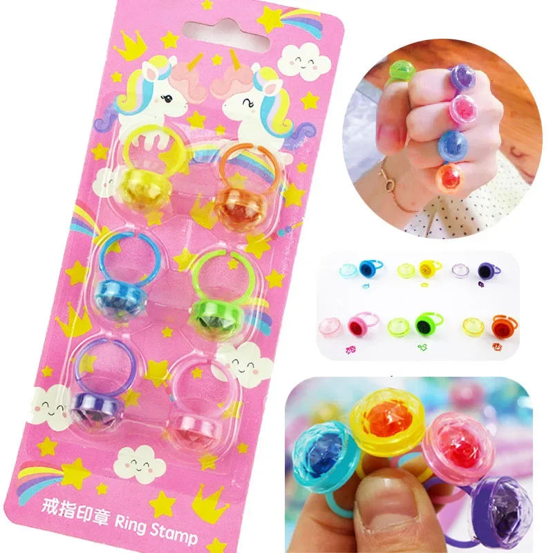 HOT SALE 6pcs Self Inking Sealing Girl Favors Diamond Rings Ink Pad Cartoon Ring Stamps Funny Toy Reward Children