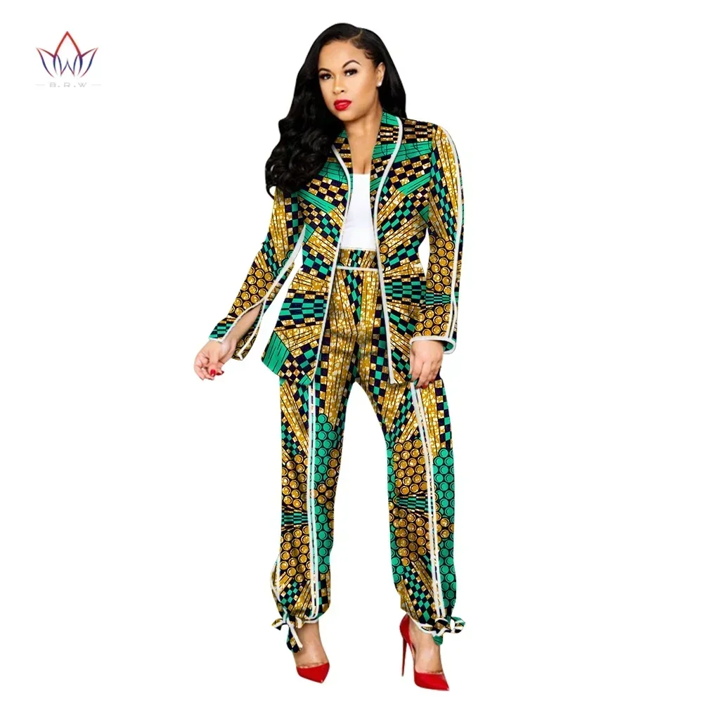 Bintarealwax African Print 2 Piece Outfits Set for Women Spring Fashion Pants and Top Bazin Riche African Clothing WY5690