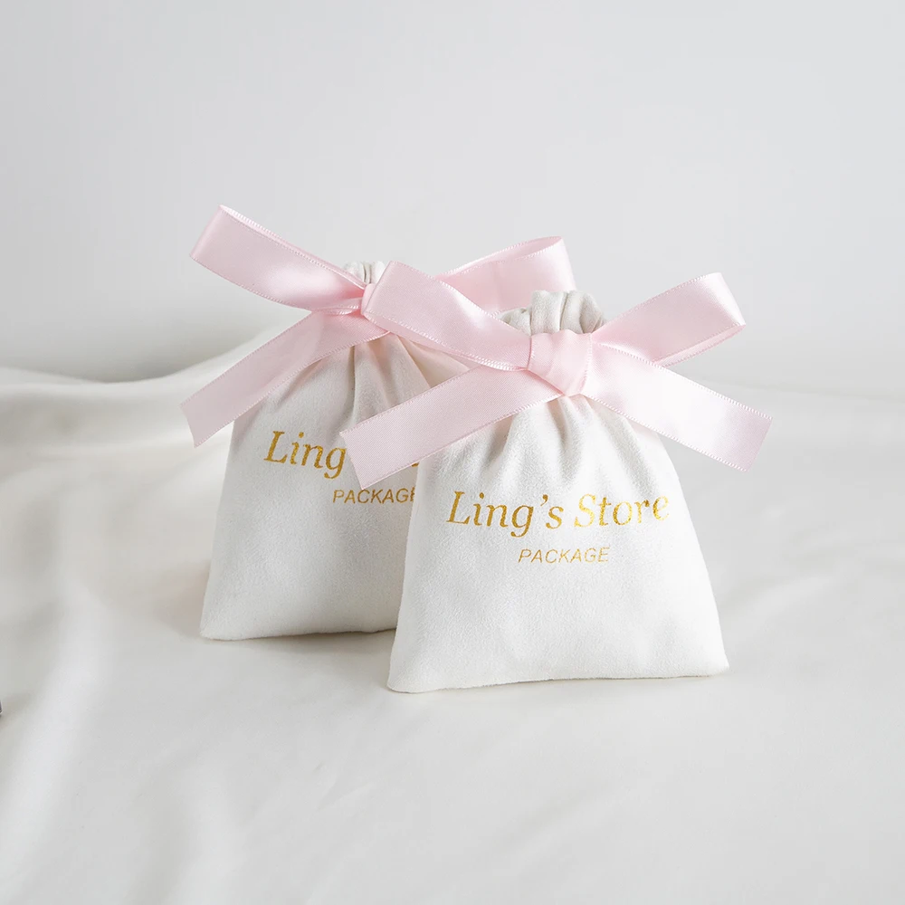 50pcs Custom Logo White Jewelry Flannel Drawstring Bag Back Side with Pink Silk Ribbon Gift Packaging Pouch Wedding Candy Pocket view 6
