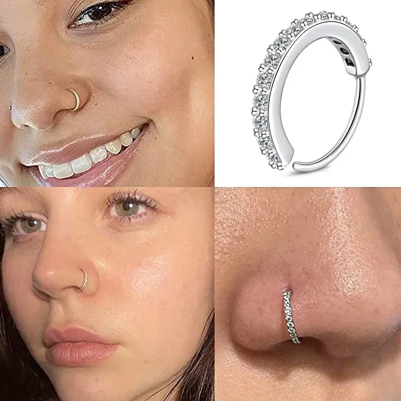 Anillo de nariz falso de circón cúbico para mujer, cartílago redondo de acero inoxidable, hélice para el trago, Piercing para la oreja y la nariz, joyería para el cuerpo