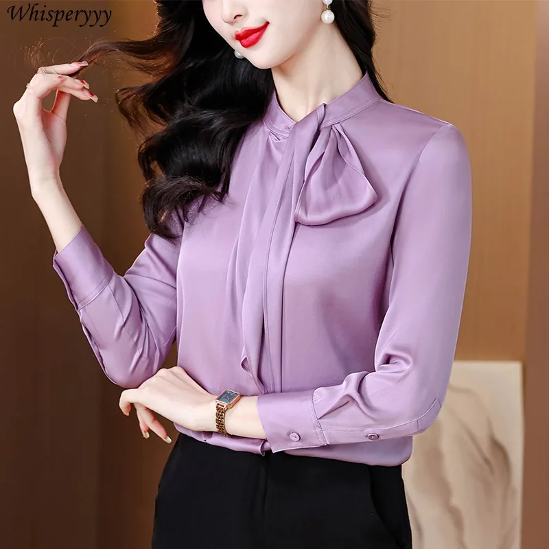 Purple Asymmetric Streamer Shirt Women Spring New Temperament Solid Color Stand Collar Tops Female Long Sleeve Camisa Feminina