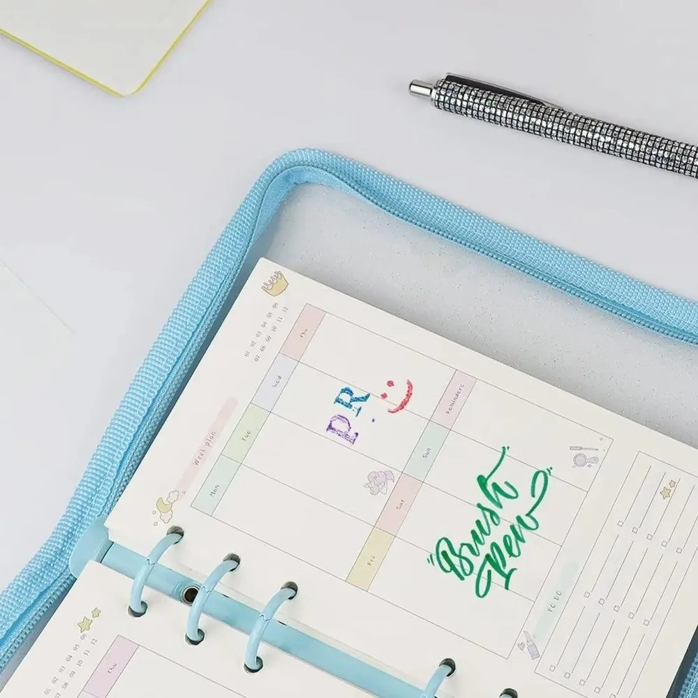 Sparkle Powder A5 Loose Leaf Binder Refillable Transparent Design Zipper Binder Notebook Ring Binder Journal Dairy Organizer