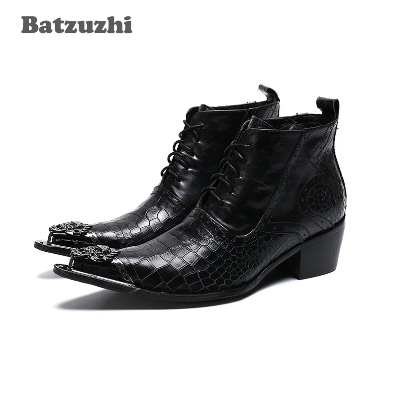 

Batzuzhi 6.5cm Heels Men Ankle Boots High Top Lace Up Dress Shoes Black Genuine Leather Boots Footwear, Big Sizes 38-46