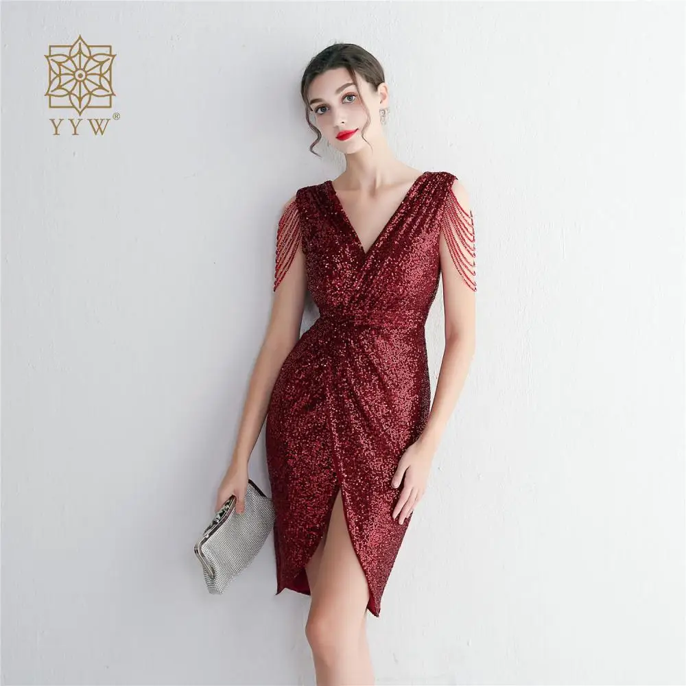 

Burgundy Short Evening Dress Deep V Beads Luxury Sequin Glitter Celebration Dress Sleeveless Mermaid Gowns Evening Vestido De