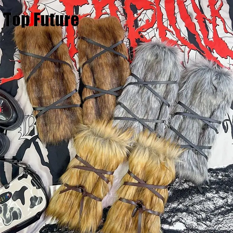 

Y2K Hot Girl Subculture Faux Fur Lace-up Gloves Retro Furry Arm Warmers & Leg Warmers for Autumn Winter Gothic Punk Accessories