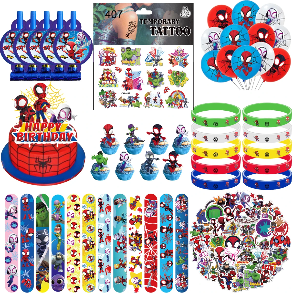 Spidey Birthday Party Favors Gift Bag Fillers Spiderman Cake Topper Balloon Stamps Slap Bracelets Stickers Party Decorations