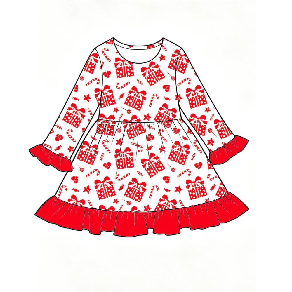 Hot Sale Boutique Girls Dress Long Sleeve Ruffle Hem Round Neck Christmas Print Dress Santa Xmas Tree Gift Box Pattern