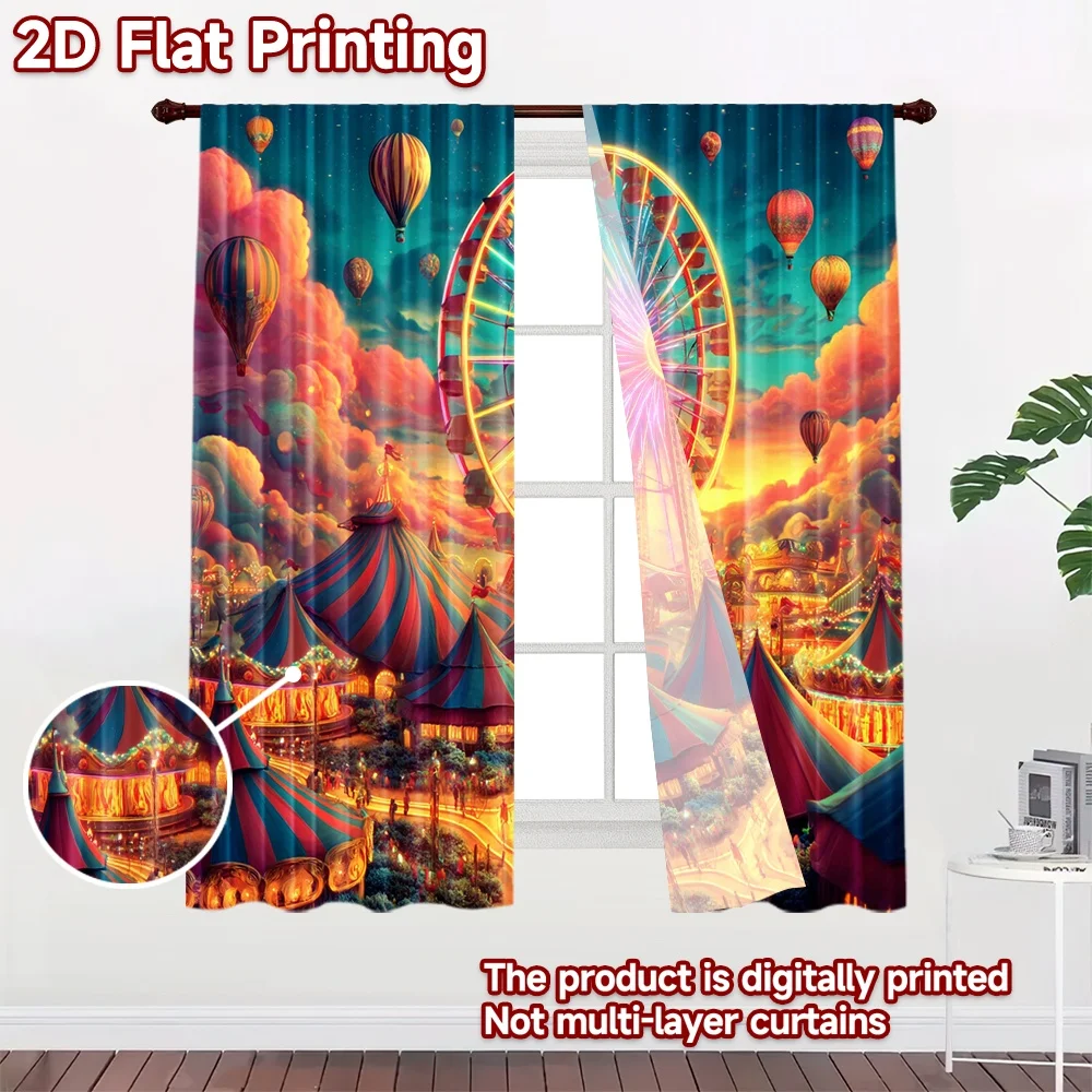 2D flat printing 2pcs Party Curtain Carnival Festival Ferris Wheel Hot Air Balloons Digital Printed Polyester Drapes Festive view 2