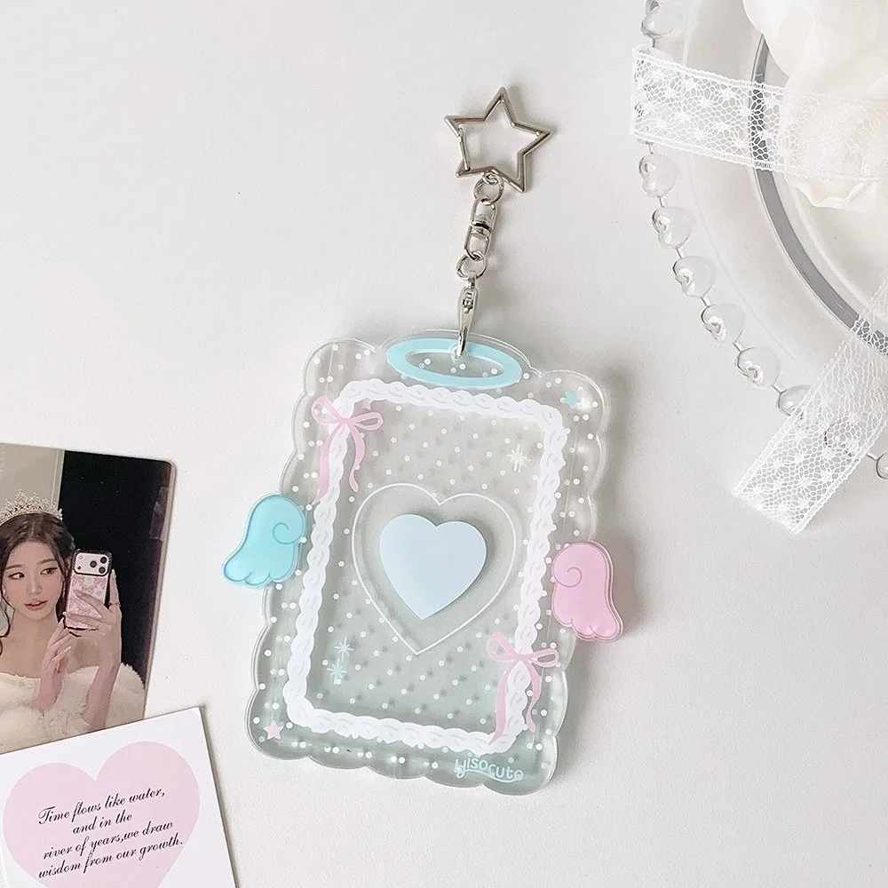 Acrylic Kpop Photocard Holder Keychain 3 Inch Cartoon Idol Card Display Protector Transparent Wings Love-heart