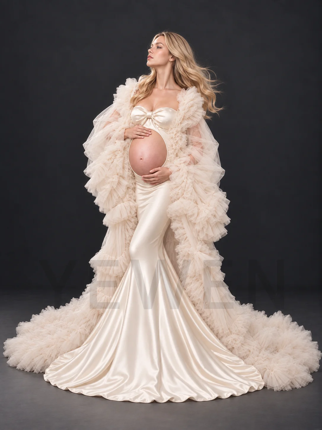 Mermaid Maternity Dress for Photoshoot Tulle Ruffle Robe Boudoir Gown Silk Satin Open Belly Pregnancy Photography OutfitHA260917