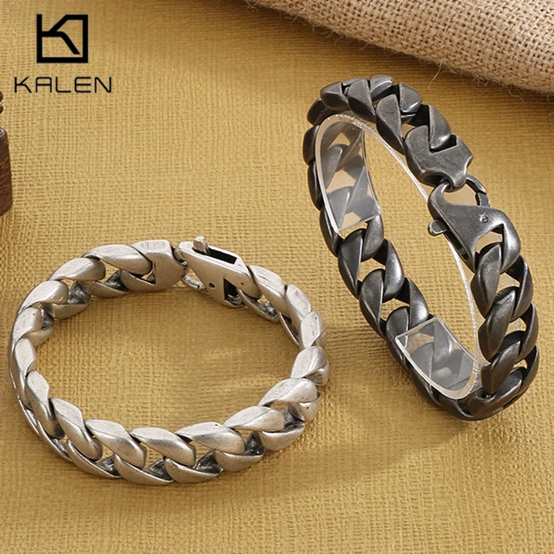 

KALEN Vintage Stainless Steel Cuban Chain Bracelet for Men 22cm Punk Shiny Black/Gold Color Bangle Personalized Trendy Jewelry