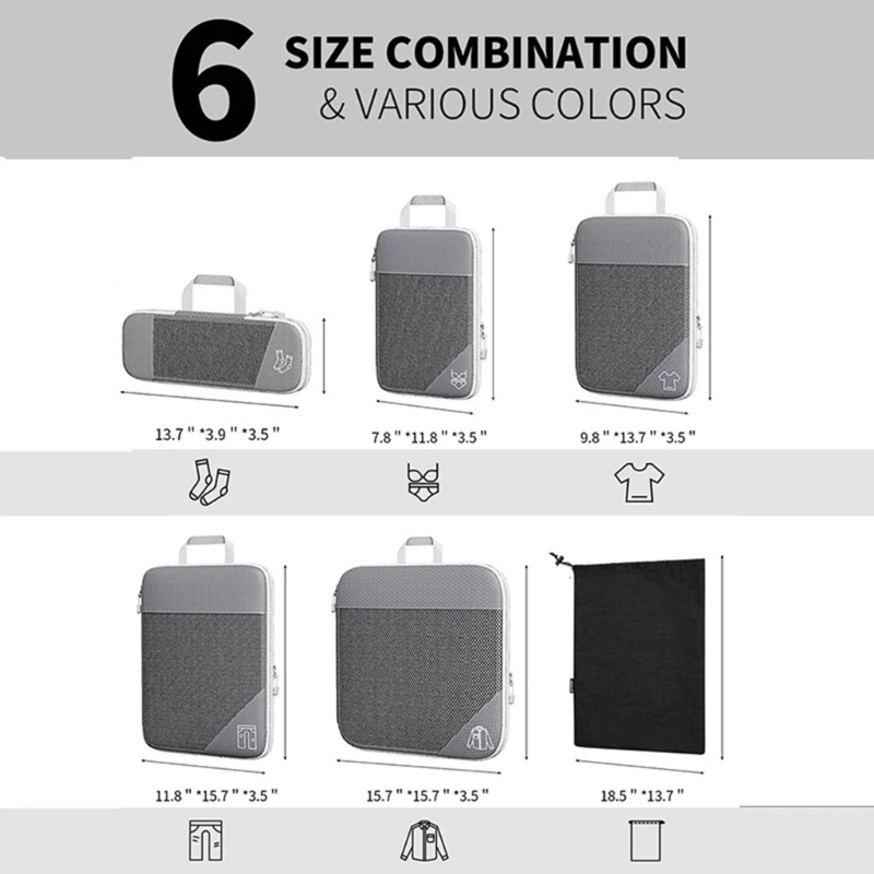 3/6PCS Compressed Packing Cubes Travel Storage Set with Shoe Bag Mesh Visual