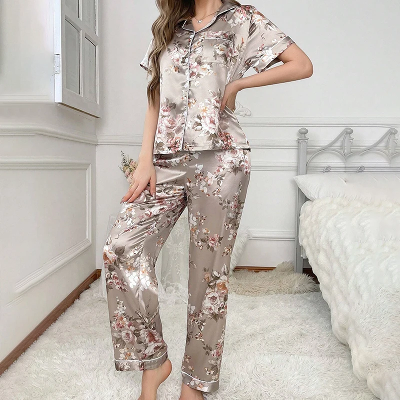 Pajama for Women Flower Print Satin Sleepwear Casual Home Clothes Autumn Short Sleeve Buttons Lapel Top&Pants Pajamas Loungewear