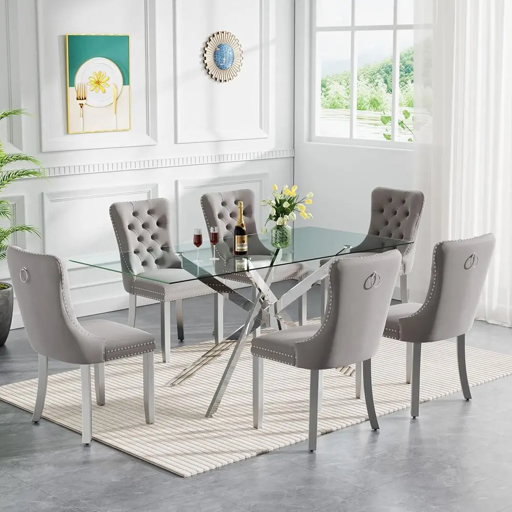 

6-Piece Tempered Glass Kitchen Table with Velvet Chairs Dining Set