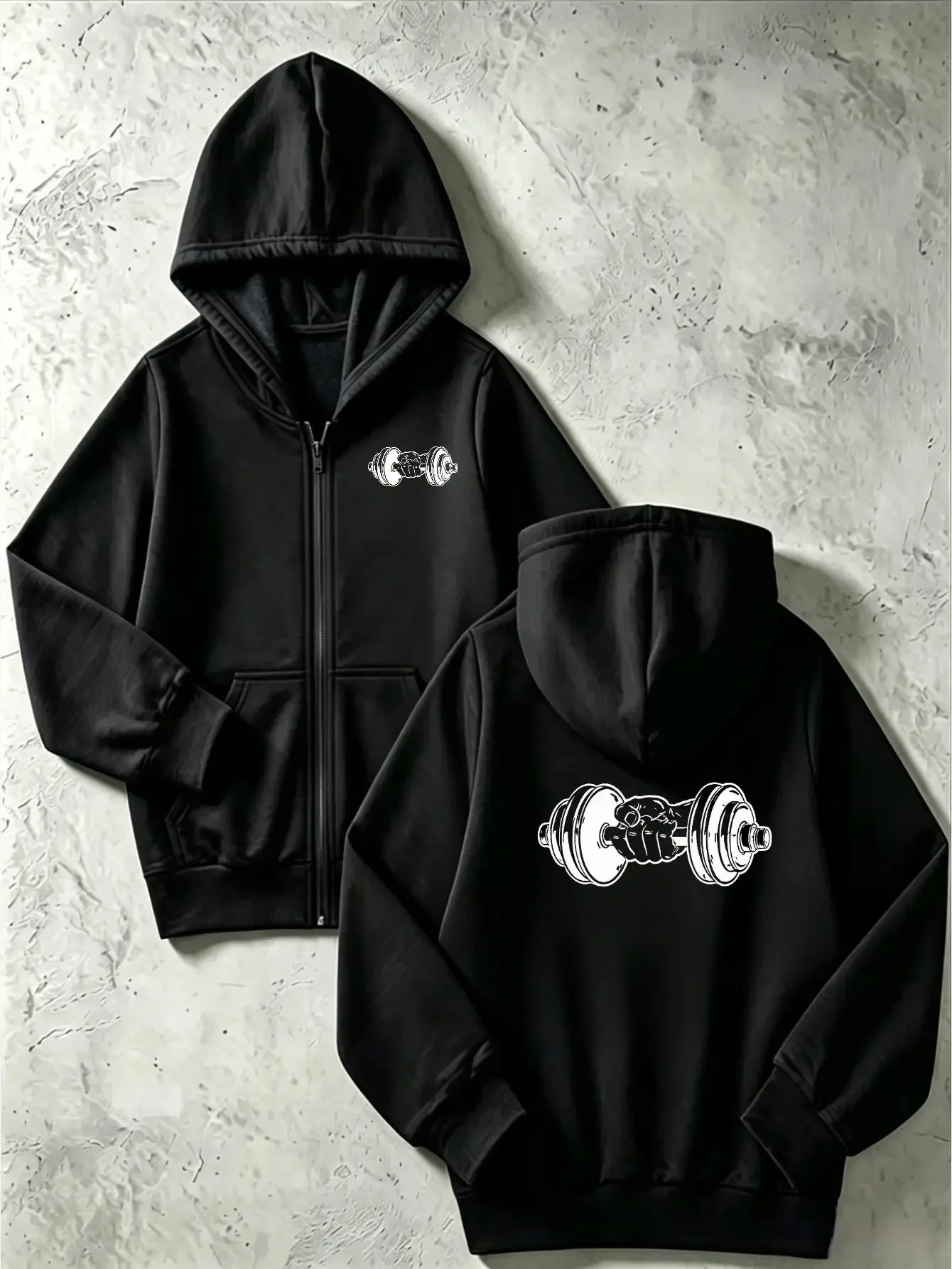 Kids Zip Hoodie Skull Hand Holding Dumbbell Fitness Graphic Print Long Sleeve Loose Hooded Jacket For Boys Sports Outerwear